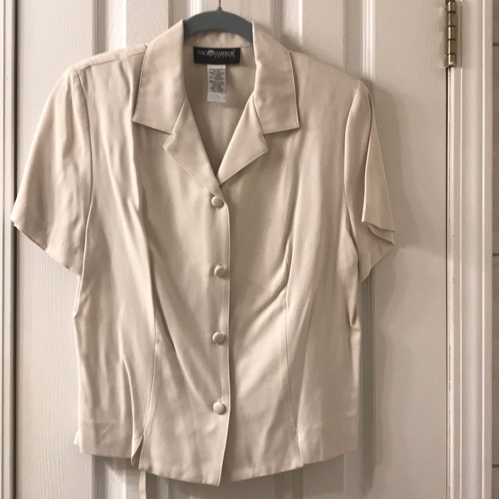 Beige Button Down Collared Short Sleeve Blouse